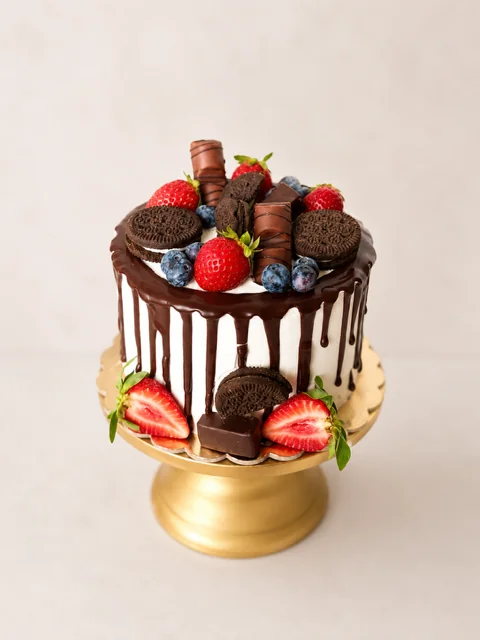 Drip cake z czekoladową polewą, truskawkami i ciastkami