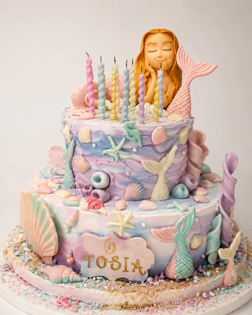 Dwupiętrowy pastelowy tort z syrenką, muszlami i świeczkami