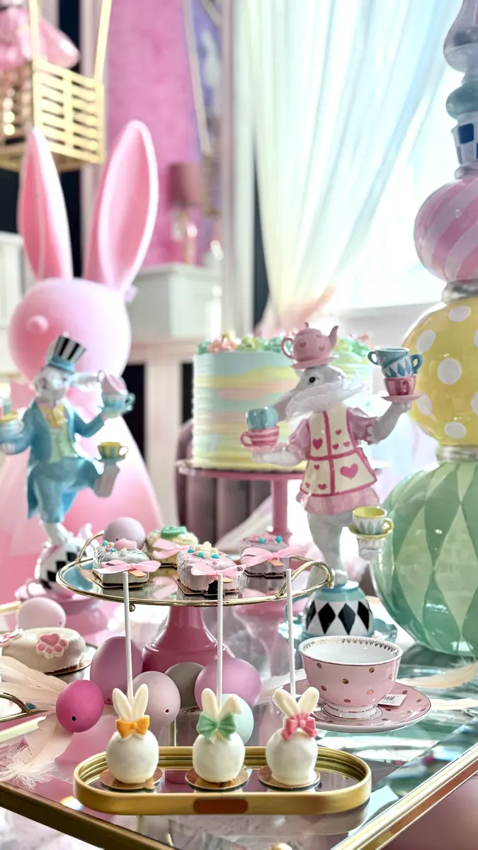 Pastelowy stół z tęczowym tortem, figurkami i cake popsami