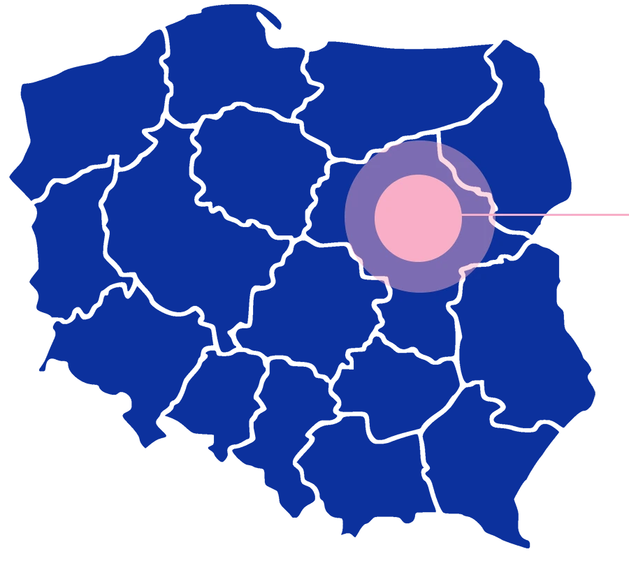 Mapa Polski z zaznaczonym obszarem dostaw wokół Warszawy i północnego Mazowsza